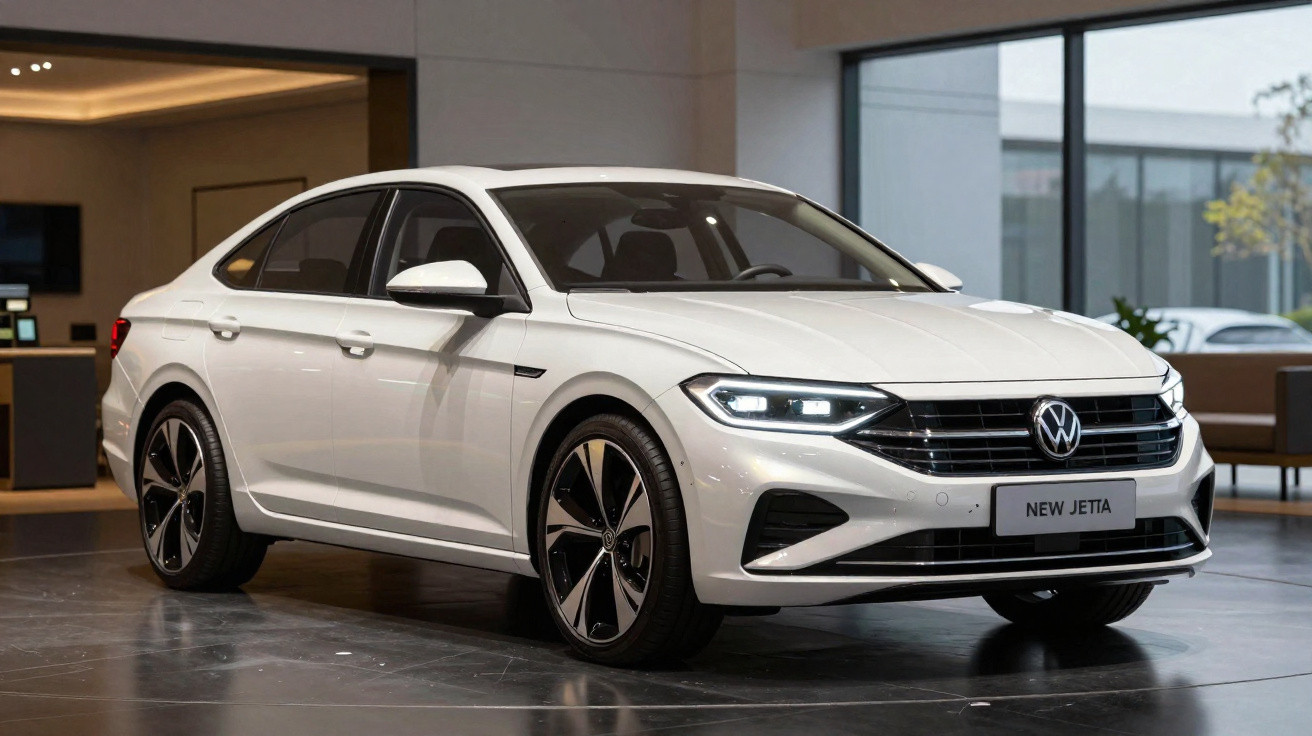 Carro sedã branco Volkswagen New Jetta exibido em showroom moderno com piso refletivo.