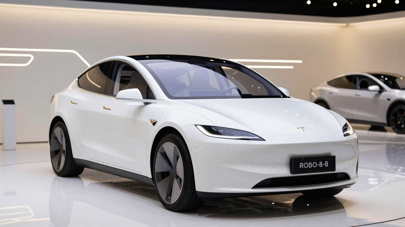 Carro elétrico branco Tesla Model 3 estacionado em ambiente interno moderno e iluminado.