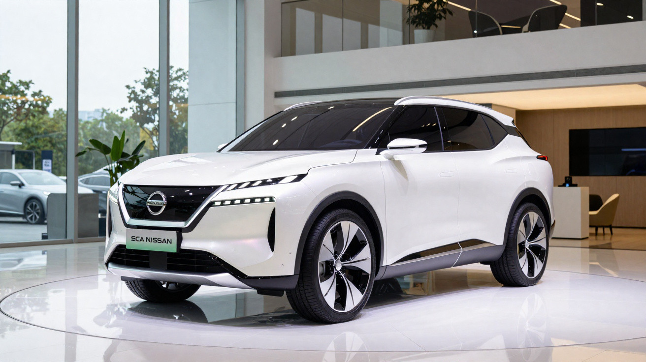 Carro SUV elétrico branco Nissan Ariya exibido em showroom moderno e iluminado.