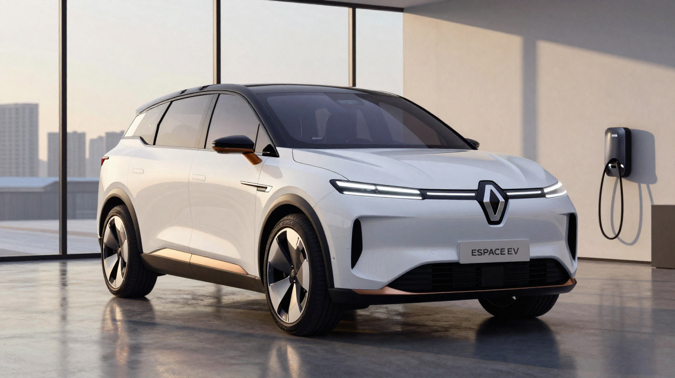 Carro elétrico branco Renault Espace EV estacionado em garagem moderna com carregador na parede.