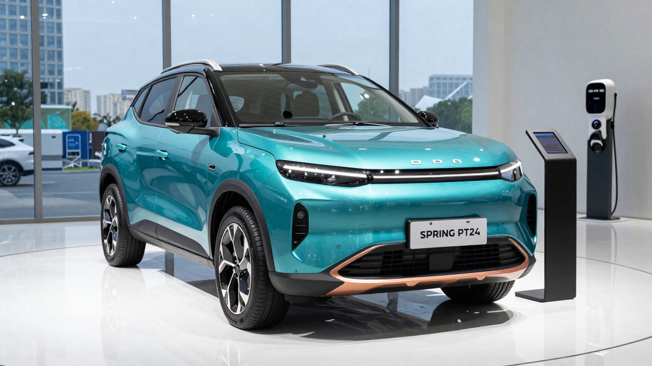 Carro elétrico azul turquesa modelo Spring PT24 exposto em showroom moderno com estação de recarga ao fundo.