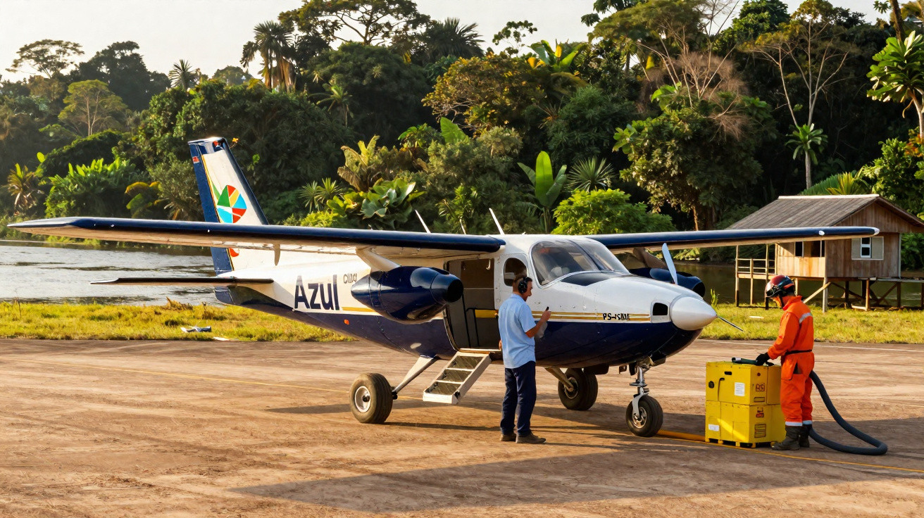 Avião da Azul Linhas Aéreas sendo abastecido por dois trabalhadores em pista de terra cercada por vegetação.