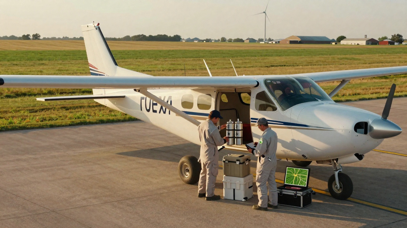 Dois profissionais com uniformes brancos manuseiam equipamentos eletrônicos ao lado de um pequeno avião branco em pista rural
