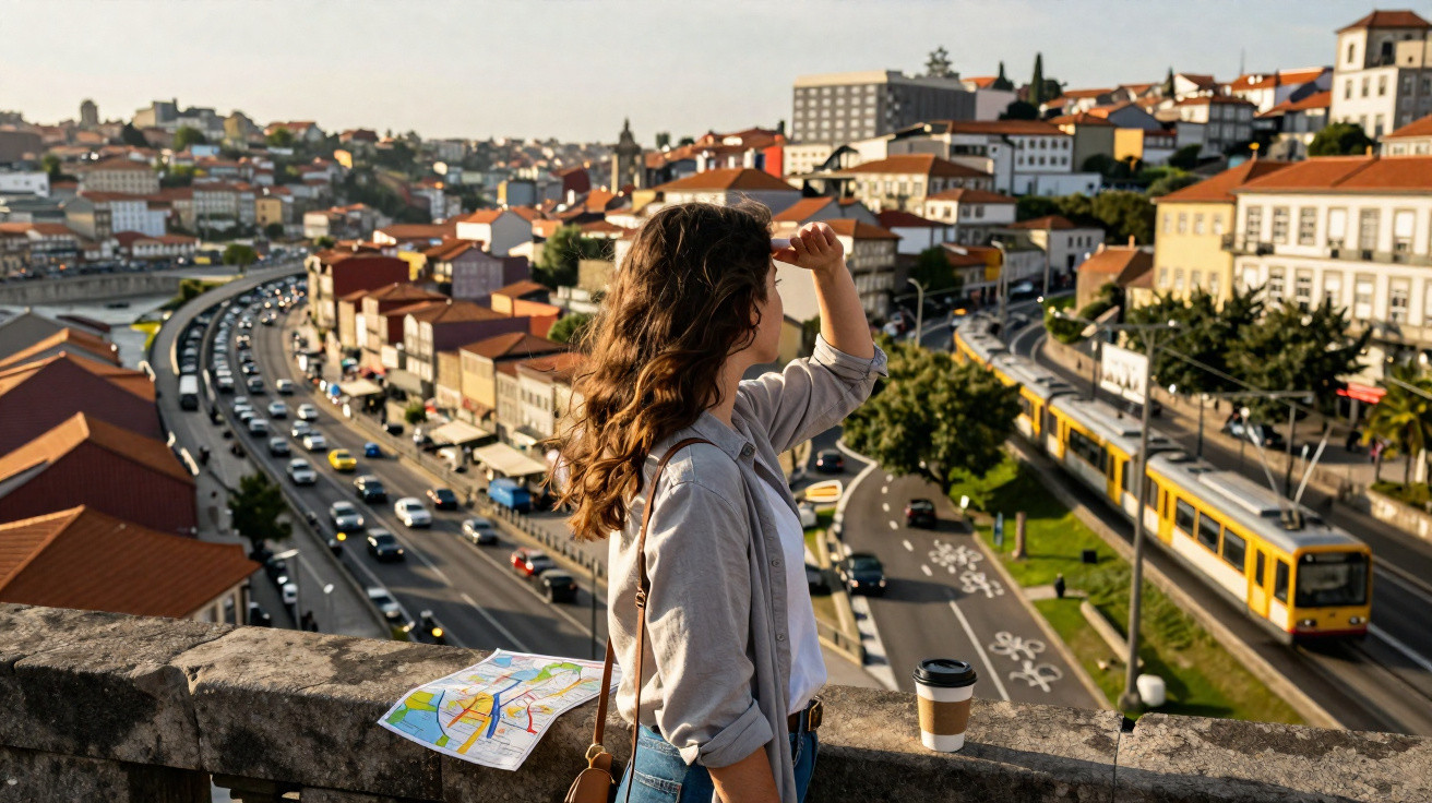 Mulher observando a cidade de um mirante com mapa e café, trânsito e trem ao fundo.