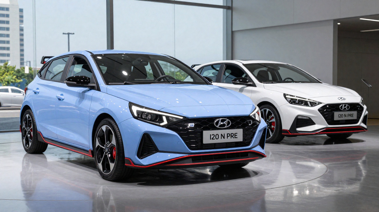 Dois carros Hyundai i20 N Premium, um azul à frente e um branco ao fundo, exibidos em showroom moderno.