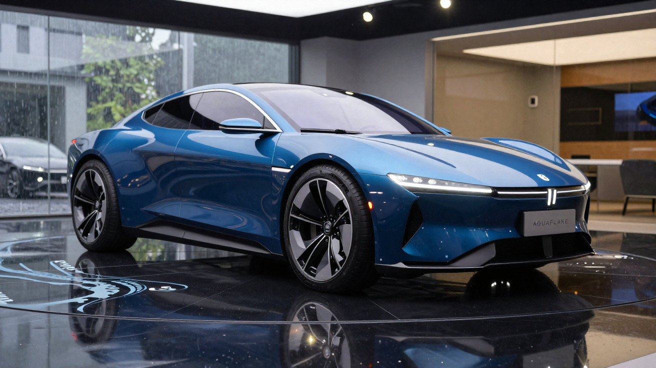 Carro elétrico azul modelo Aquaplane em exposição dentro de showroom moderno com iluminação suave.