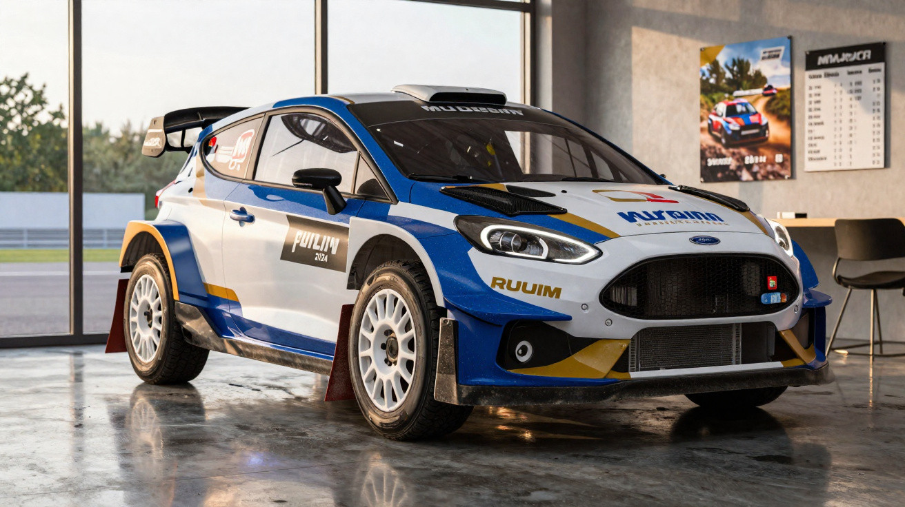 Carro de rally branco e azul com detalhes amarelos em salão com piso brilhante e janelas grandes.
