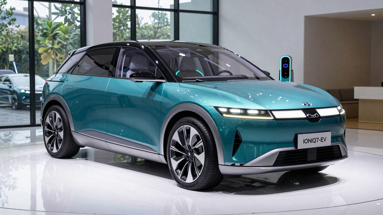 Carro elétrico azul verde IONIQ7-EV exposto em ambiente interno com estação de recarga ao fundo.