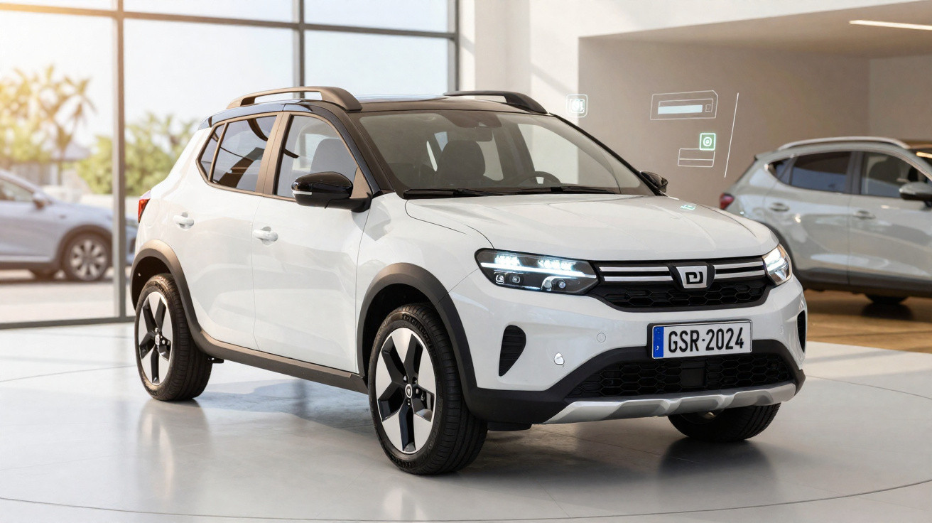 Carro SUV branco moderno estacionado em showroom com luzes dianteiras acesas e detalhes pretos.