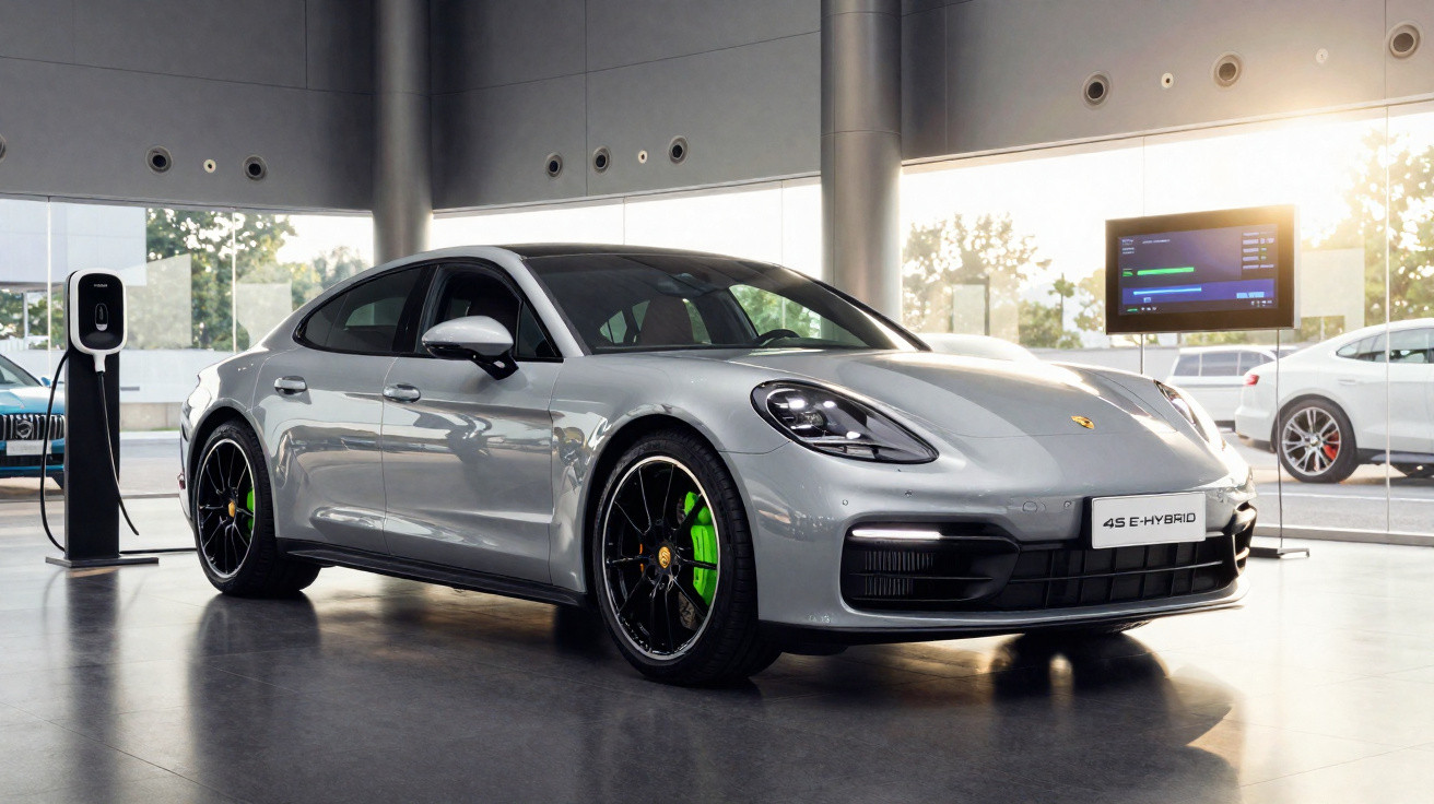 Carro esportivo prata Porsche Panamera 4S E-Hybrid em showroom moderno com carregador elétrico na parede.