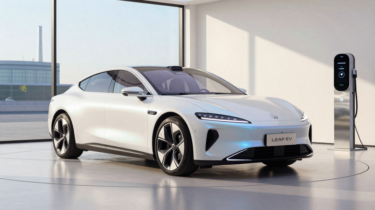Carro elétrico branco LEAP EV estacionado conectado a carregador em ambiente interno moderno e iluminado.