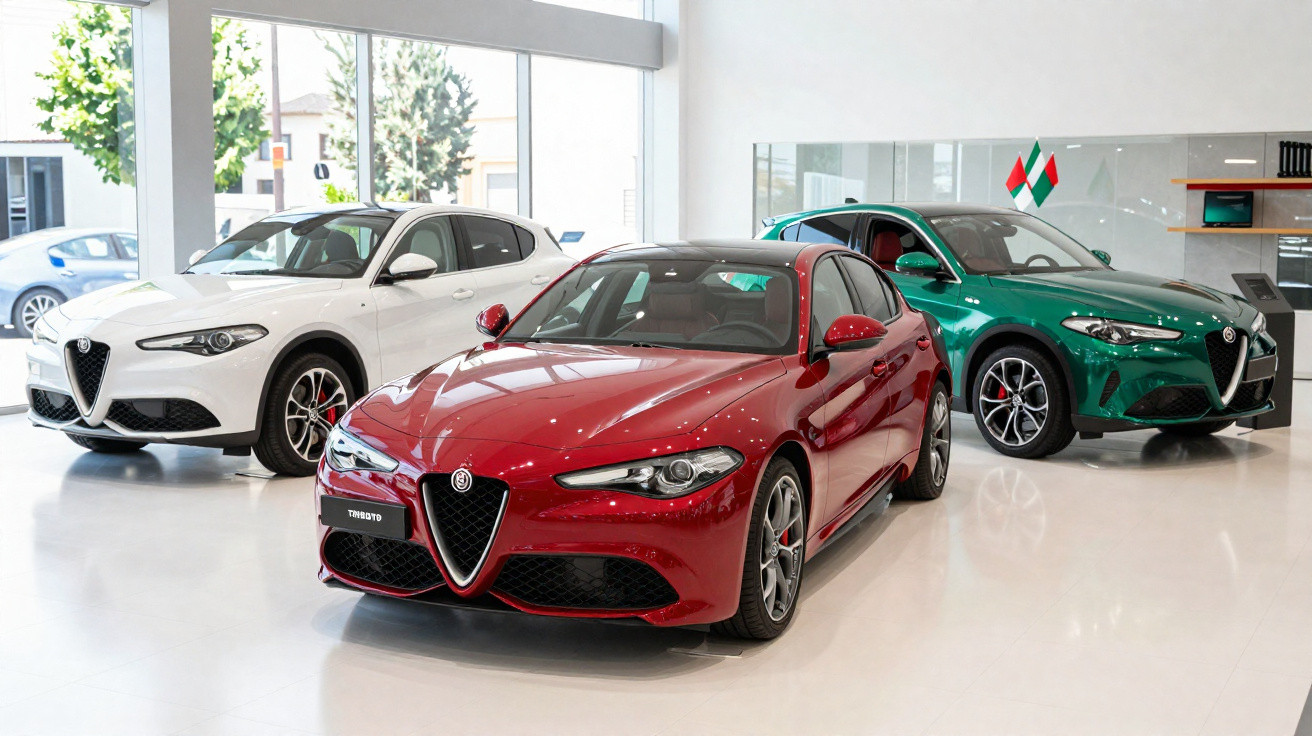 Três carros Alfa Romeo nas cores vermelha, branca e verde exibidos em salão moderno com janelas amplas.