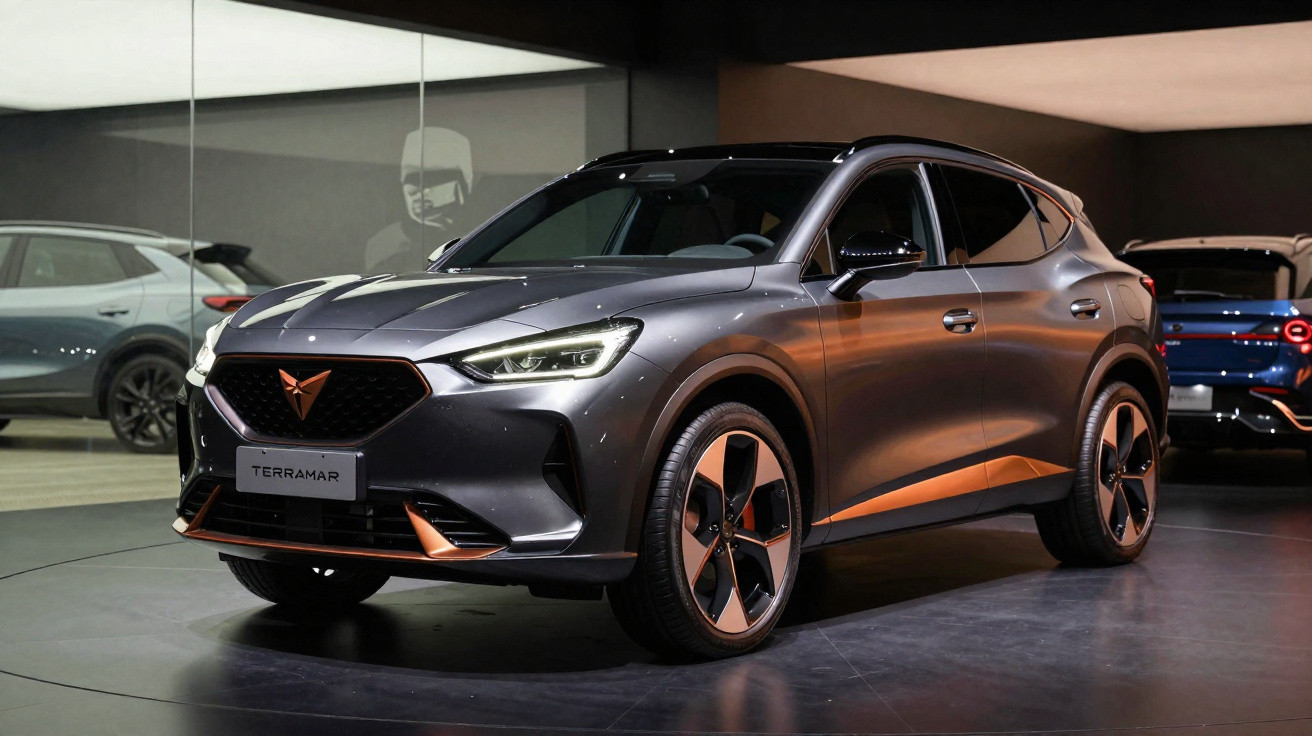 Carro SUV cinza metálico modelo Cupra Terramar em exposição interna com iluminação refletida no veículo.