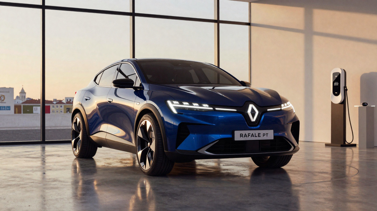 Carro elétrico azul Renault Rafale PT estacionado em ambiente interno próximo a carregador elétrico.