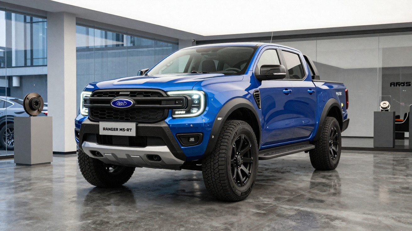 Picape Ford Ranger MS-RT azul exposta em ambiente interno moderno com iluminação natural e piso refletivo.