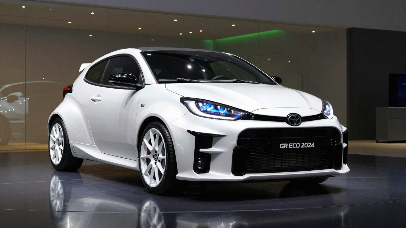Carro esportivo branco Toyota GR Eco 2024 em exposição com faróis acesos e rodas brancas.
