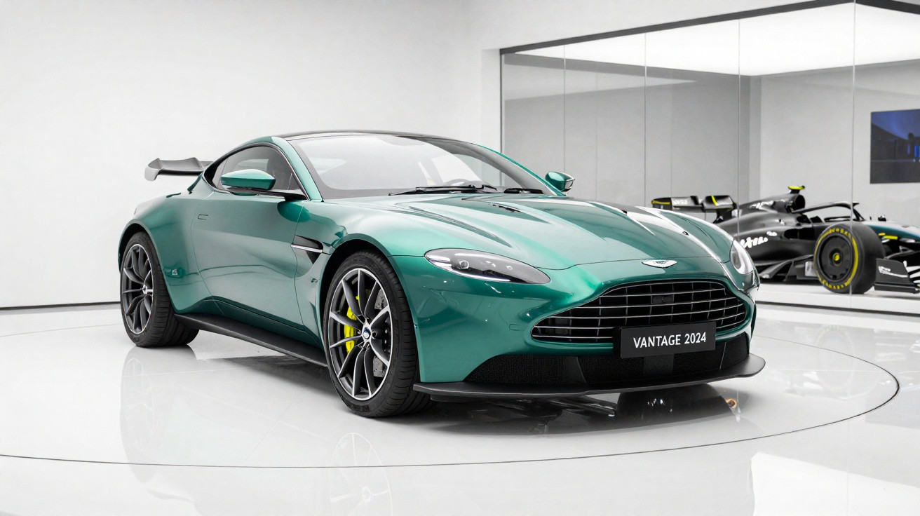 Carro esportivo Aston Martin Vantage 2024 verde em exposição com carro de Fórmula 1 ao fundo.
