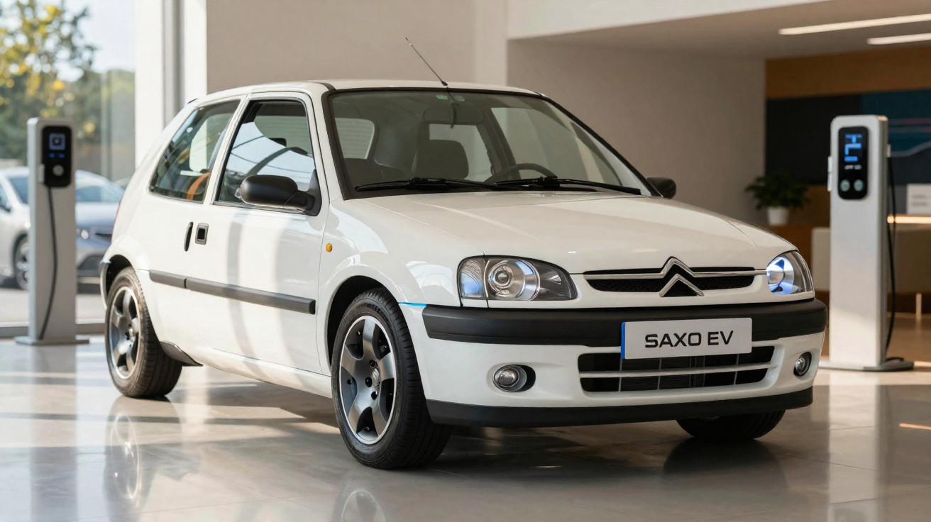 Carro elétrico Citroën Saxo EV branco em ambiente interno bem iluminado.