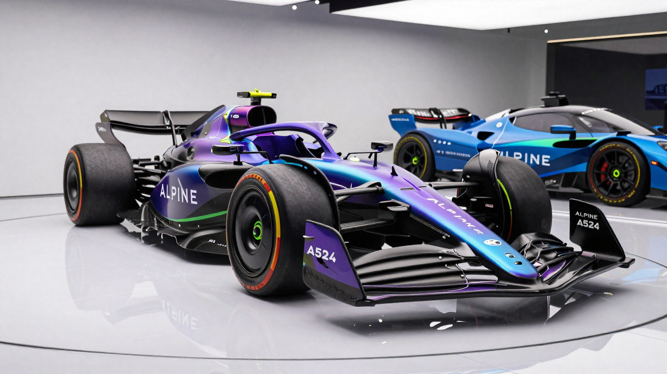Carro de Fórmula 1 Alpine A524 azul e roxo em exposição em sala branca minimalista.