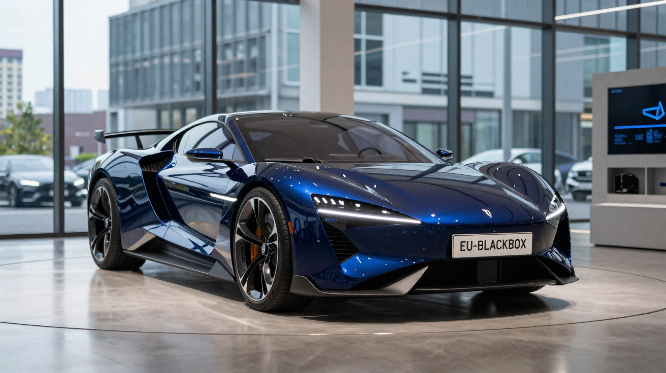 Carro esportivo elétrico azul escuro exibido em showroom com piso de cimento polido e grandes janelas.