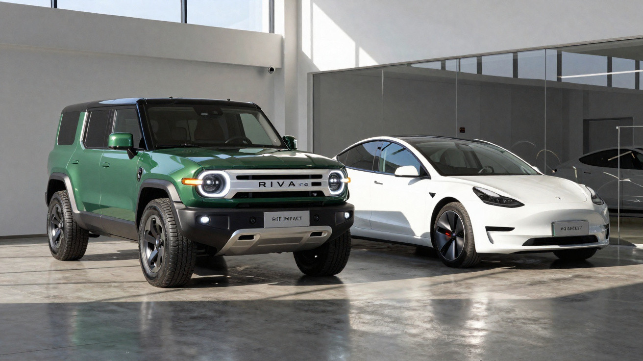 Carro elétrico verde estilo SUV e sedã branco estacionados lado a lado em ambiente moderno e iluminado.