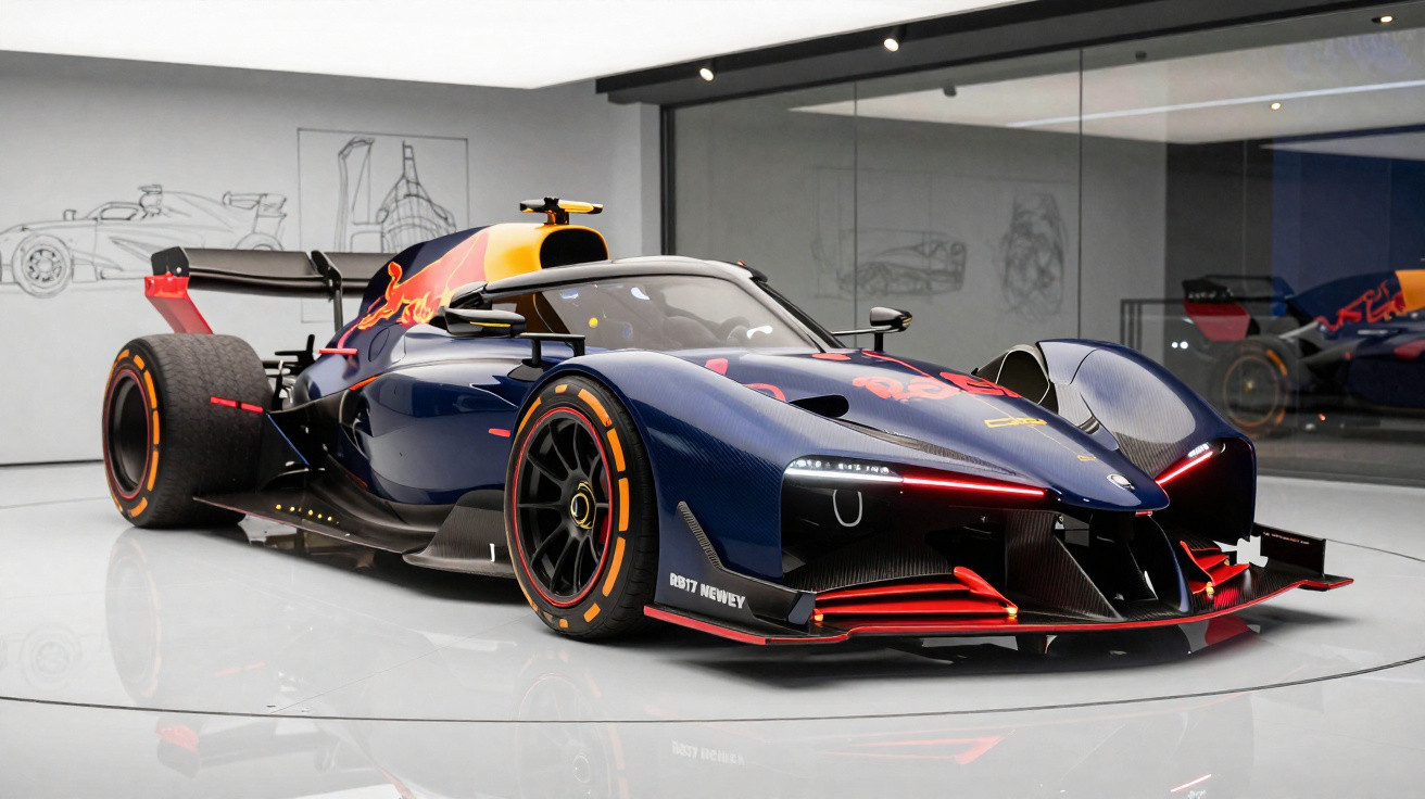 Carro de corrida esportivo azul e vermelho em exposição com desenhos de carros na parede ao fundo.