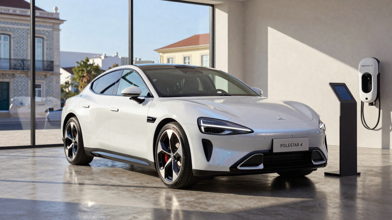 Carro elétrico branco Polestar 4 estacionado em showroom moderno com chão de cimento polido.
