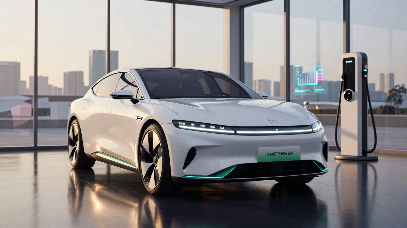 Carro elétrico branco estacionado em ambiente moderno com poste de recarga e gráfico digital ao fundo.