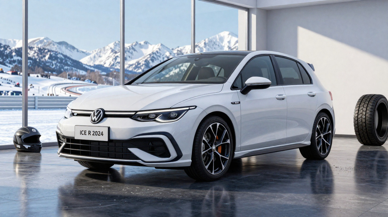 Carro branco Volkswagen hatchback 2024 em ambiente interno com vista para montanhas nevadas ao fundo.