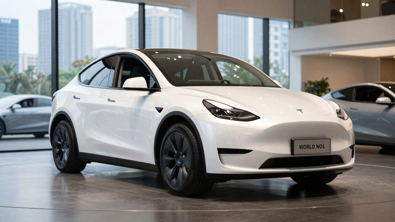 Carro elétrico branco Tesla Model Y exposto em showroom moderno com janelas grandes e veículos ao fundo.