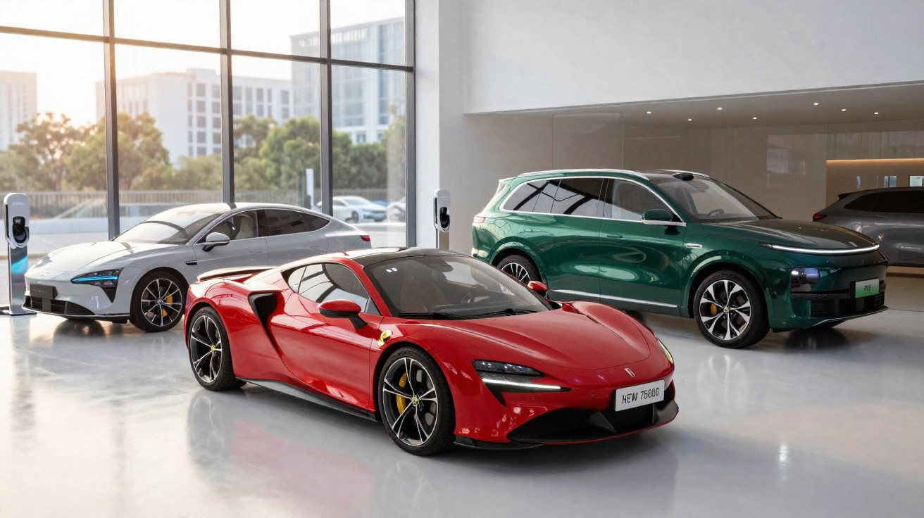 Três carros elétricos modernos em exposição, sendo um vermelho esporte, um branco sedã e um verde SUV.