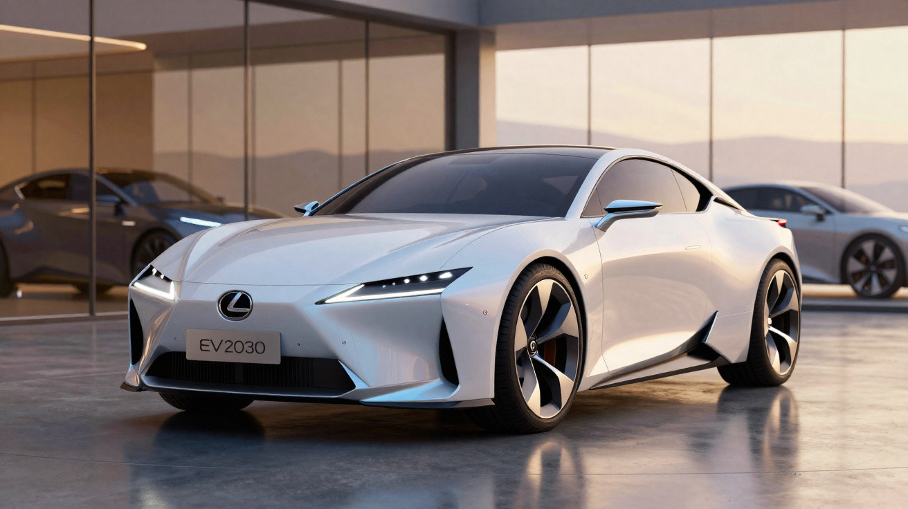 Carro elétrico esportivo branco Lexus EV2030 em ambiente interno moderno, com outro carro ao fundo.