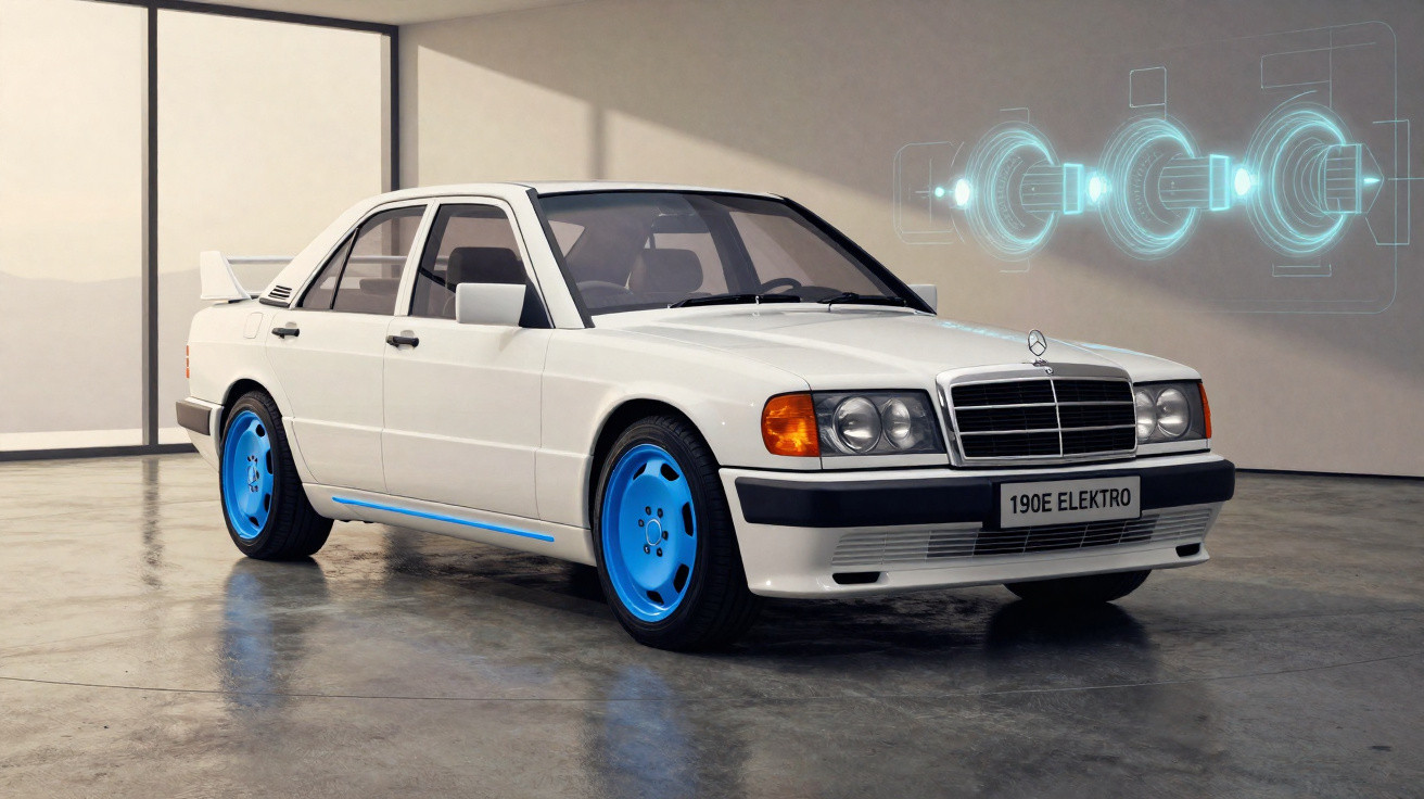 Carro elétrico Mercedes-Benz 190E Elektro branco com rodas azuis em ambiente interno moderno.