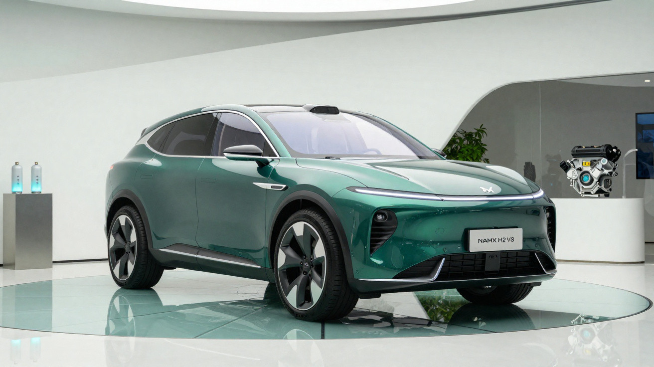 Carro SUV elétrico verde Namx H2 V8 exposto em salão moderno com motor em exibição ao fundo.