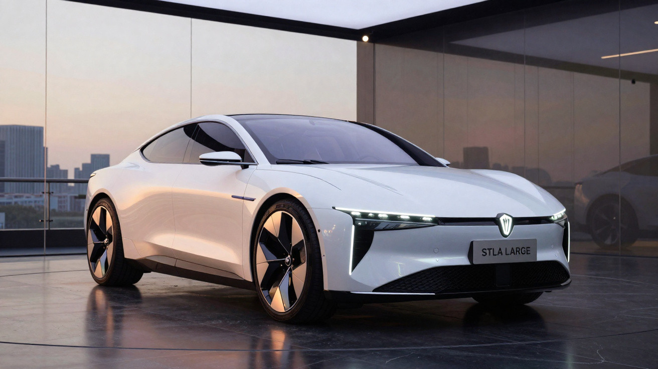 Carro elétrico branco modelo Stla Large estacionado em ambiente moderno com vista urbana ao entardecer.