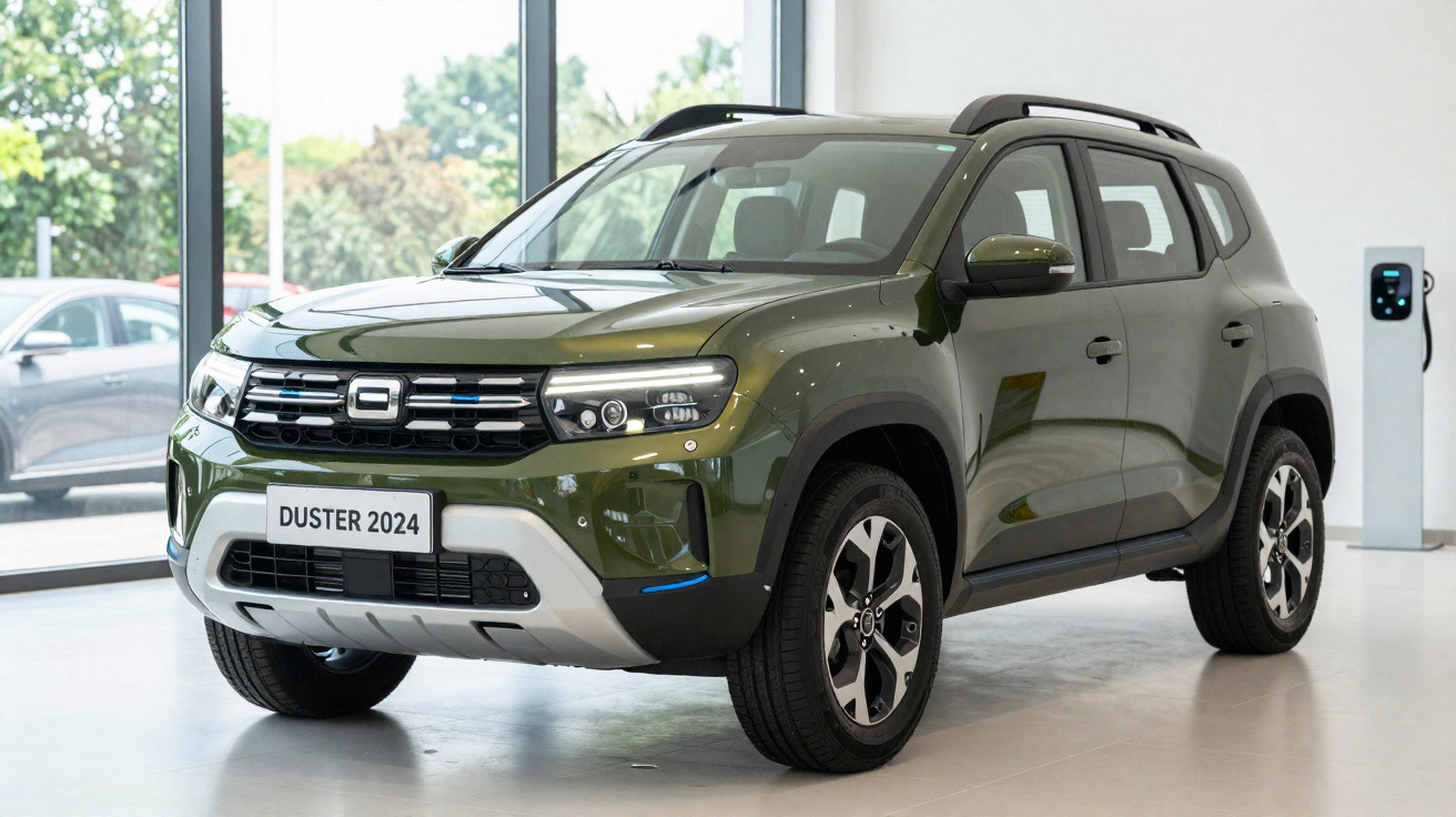 SUV Dacia Duster 2024 verde em showroom com carregador elétrico ao fundo.