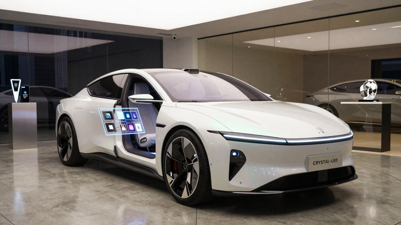 Carro elétrico branco futurista com portas abertas e interior tecnológico em showroom moderno.