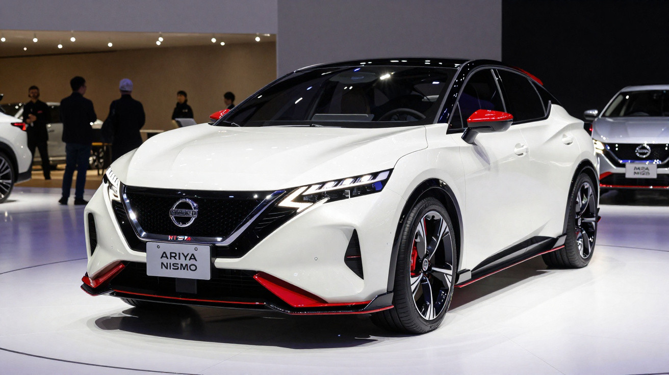 Carro esportivo Nissan Ariya Nismo branco com detalhes vermelhos exposto em salão automotivo.