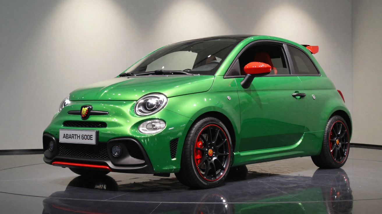 Carro esportivo Abarth 600E verde com detalhes vermelhos exibido em ambiente interno moderno.