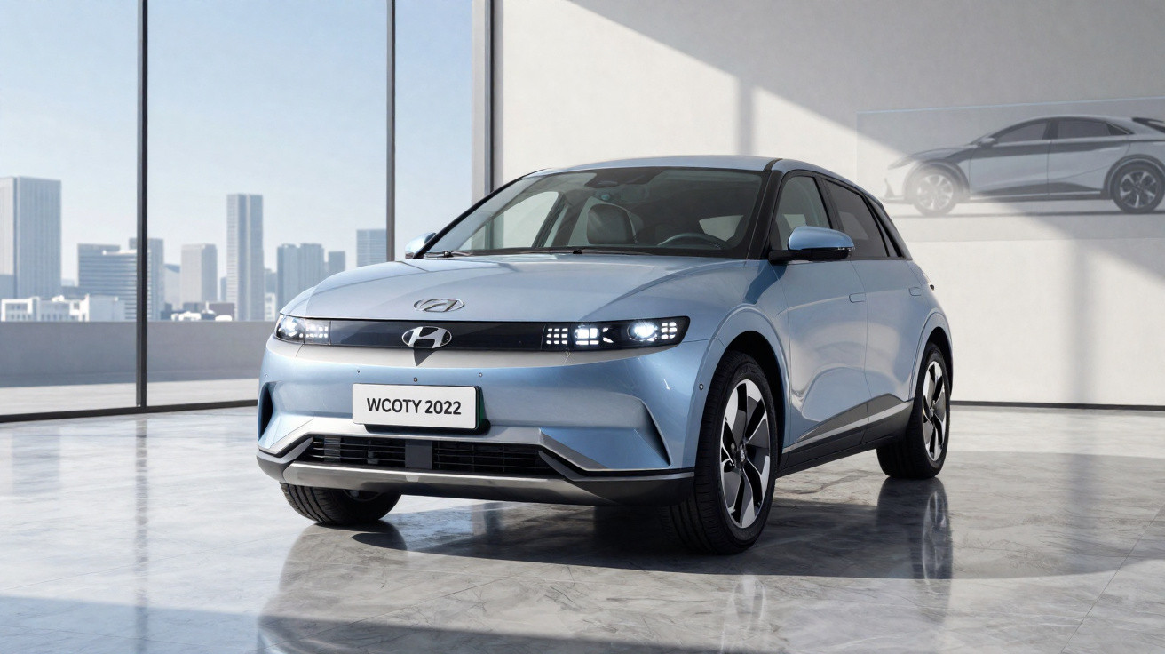 Carro elétrico Hyundai Ioniq 5 azul exibido em showroom com placa WCOTY 2022 e cidade ao fundo.
