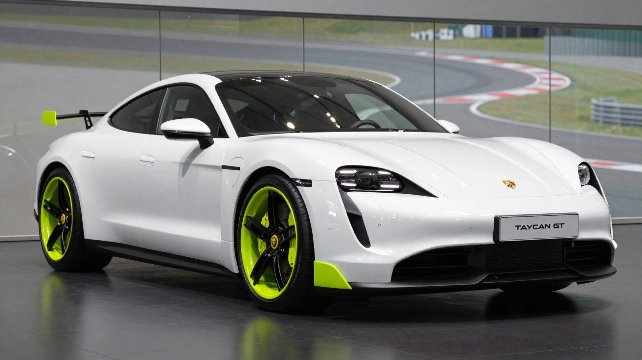 Carro esportivo elétrico Porsche Taycan GT branco com rodas verdes em showroom moderno.