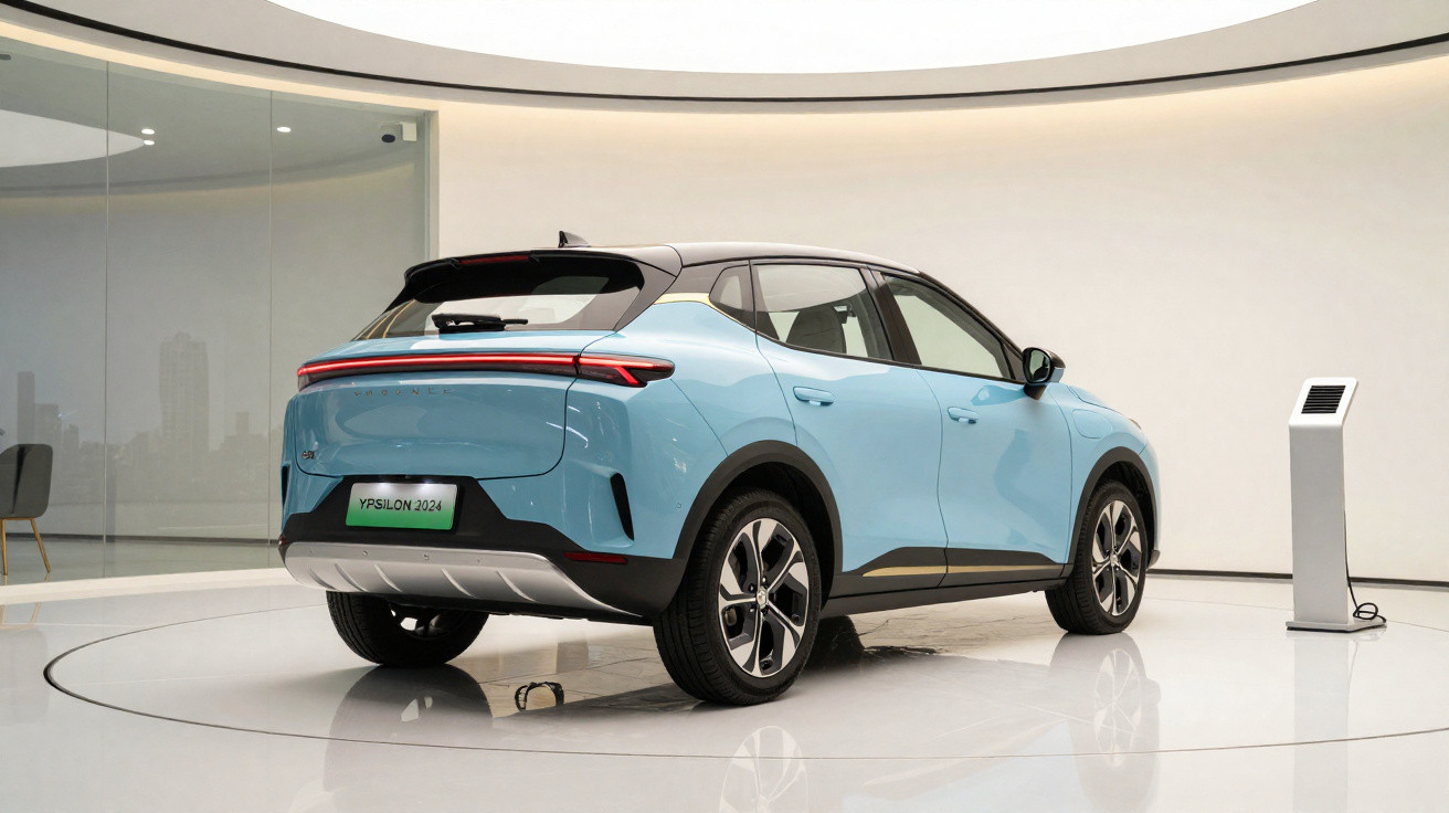 Carro elétrico azul claro modelo Ypsilon 2024 em exposição em ambiente moderno e iluminado.