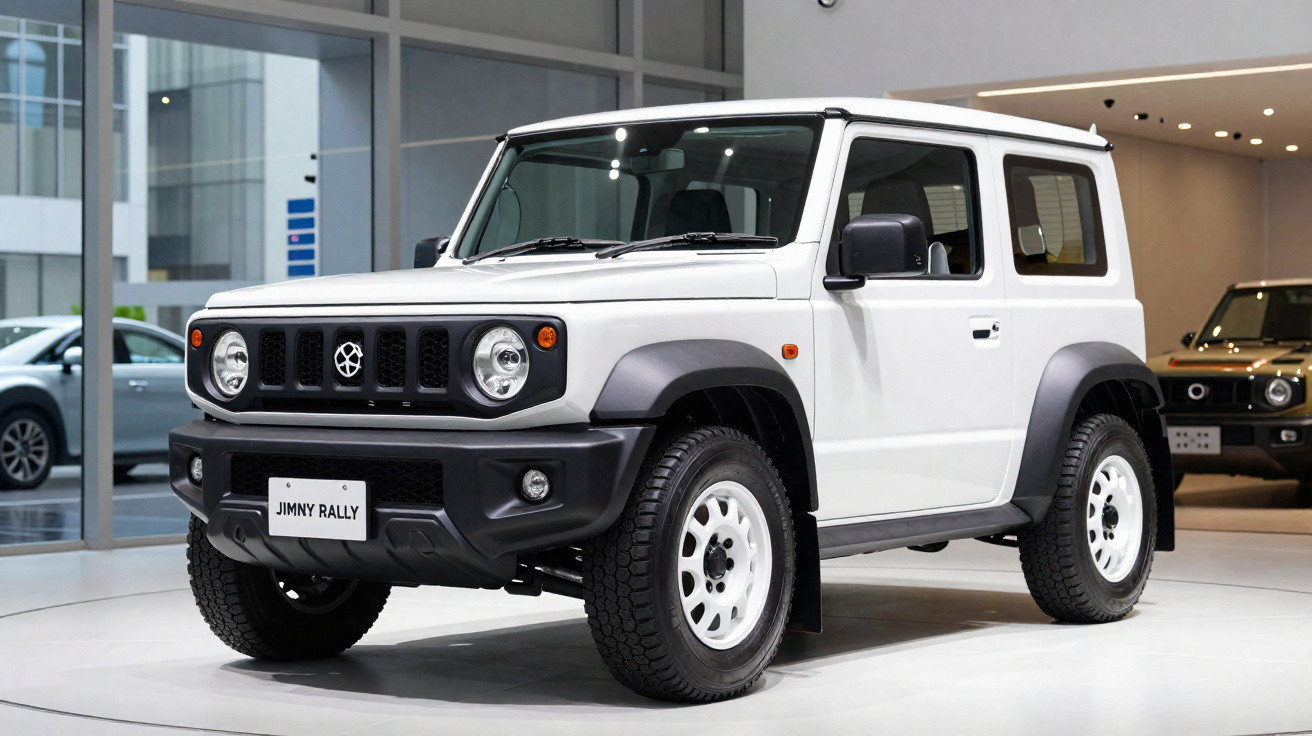 Carro branco Suzuki Jimny Rally exposto em salão com pneus robustos e design quadrado.