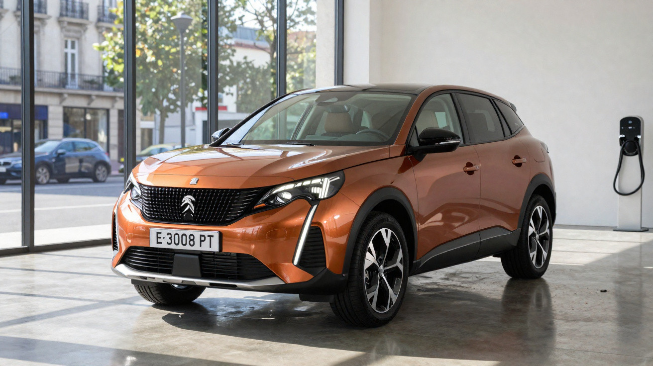 Carro elétrico SUV laranja estacionado em showroom com carregador na parede ao fundo.