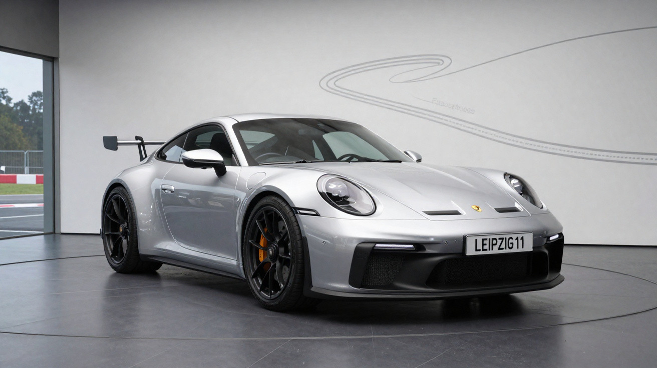 Carro esportivo prata Porsche 911 GT3 em exposição interna com parede branca ao fundo.