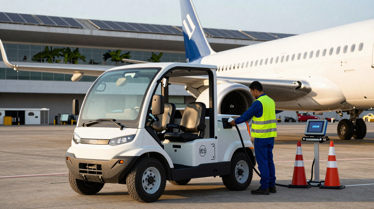 Homem abastecendo veículo elétrico branco no aeroporto com avião ao fundo.