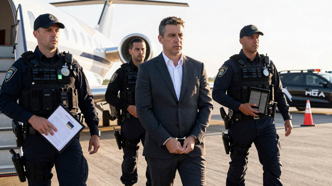 Homem algemado escoltado por dois policiais perto de avião privado em aeroporto durante prisão.