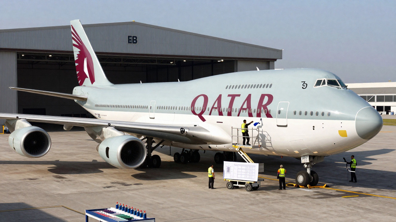 Avião da Qatar parado no pátio com três trabalhadores e uma estrutura metálica com painéis brancos.