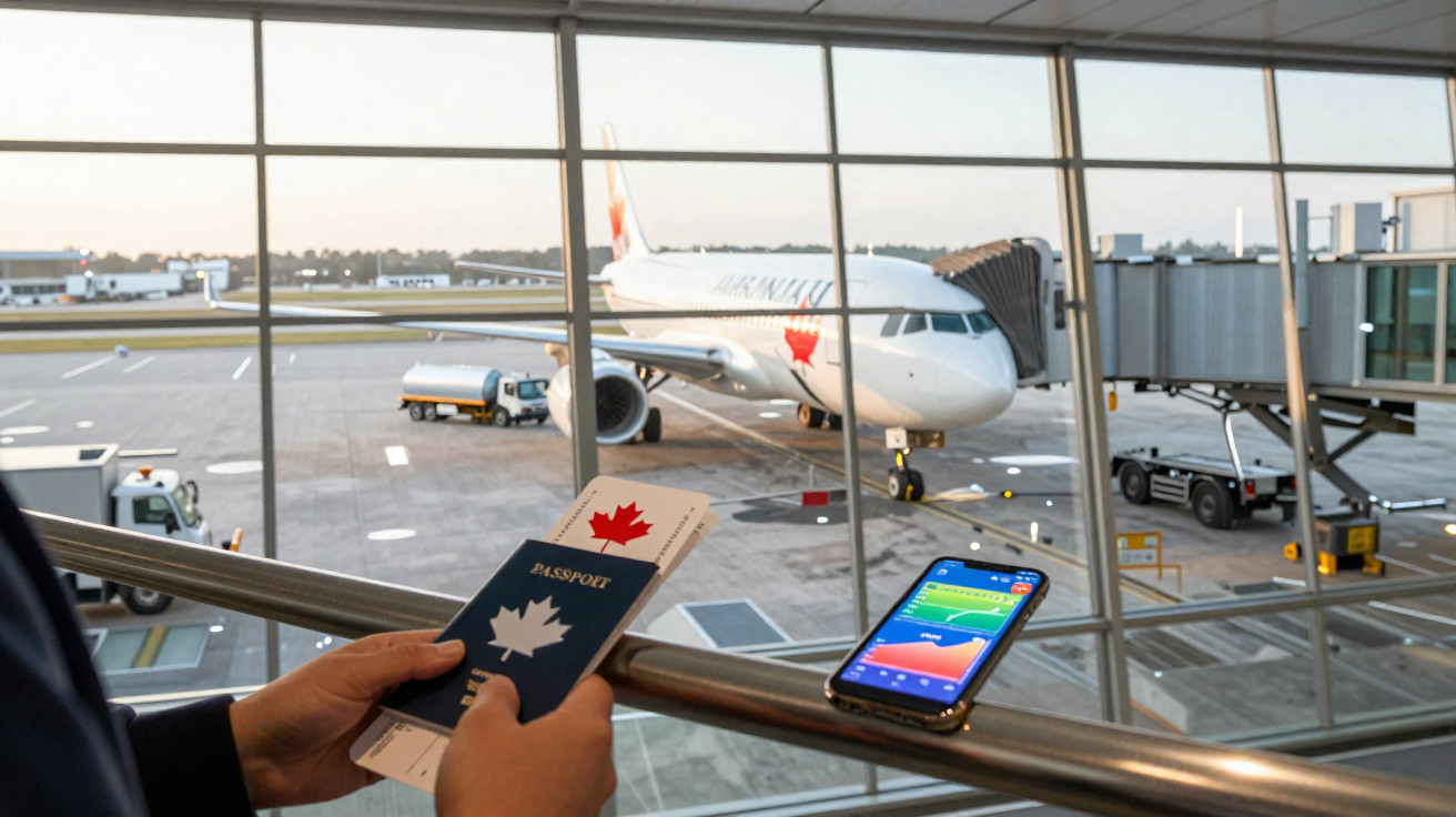 Pessoa com passaporte canadense e cartão de embarque em aeroporto com avião Air Canada ao fundo.