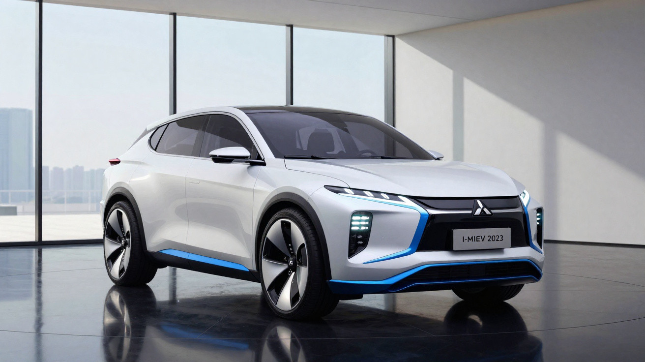 Carro elétrico Mitsubishi I-MIEV 2023 branco estacionado em ambiente interno moderno.